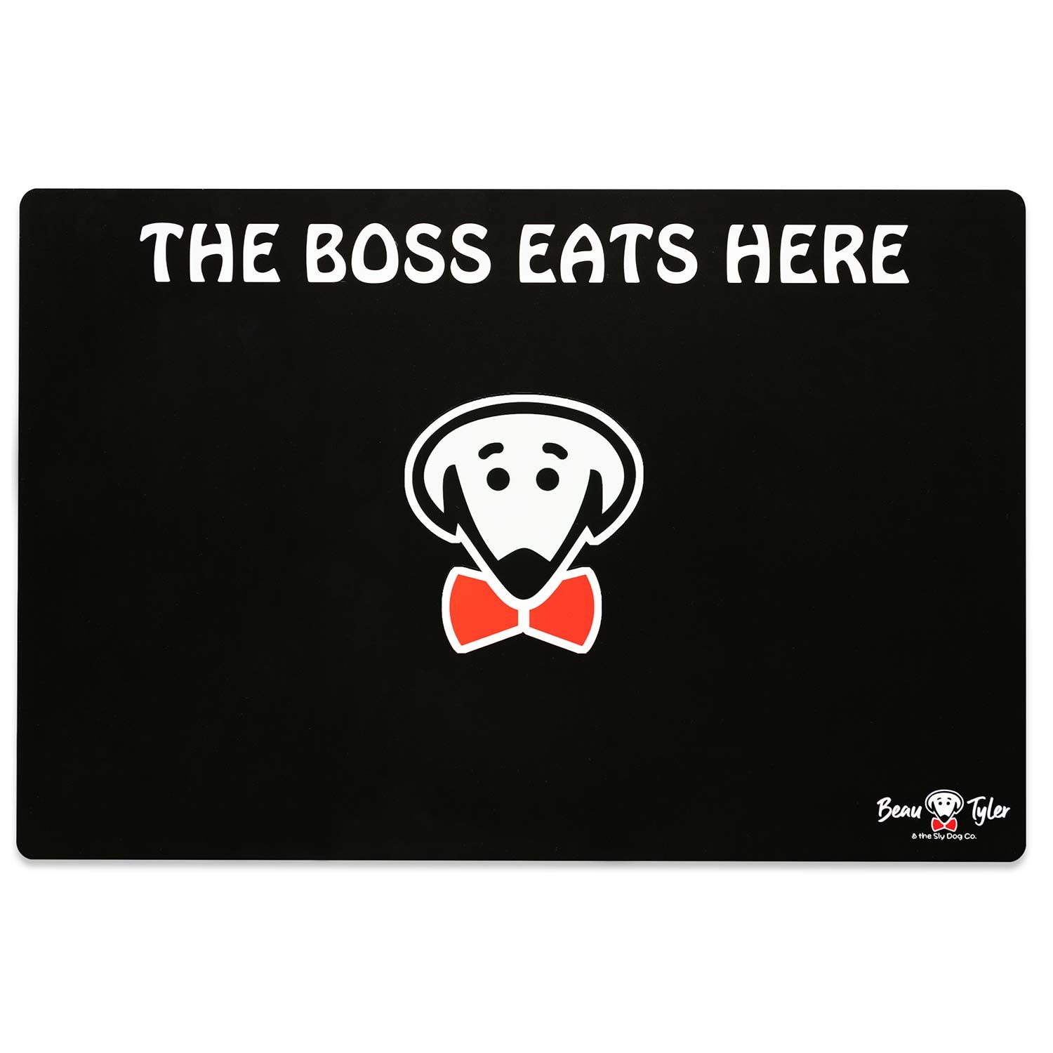 The Boss Eats Here pet mat in black by Beau Tyler