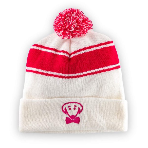Olsen winter knit hat with pom in white and pink raspberry by Beau Tyler