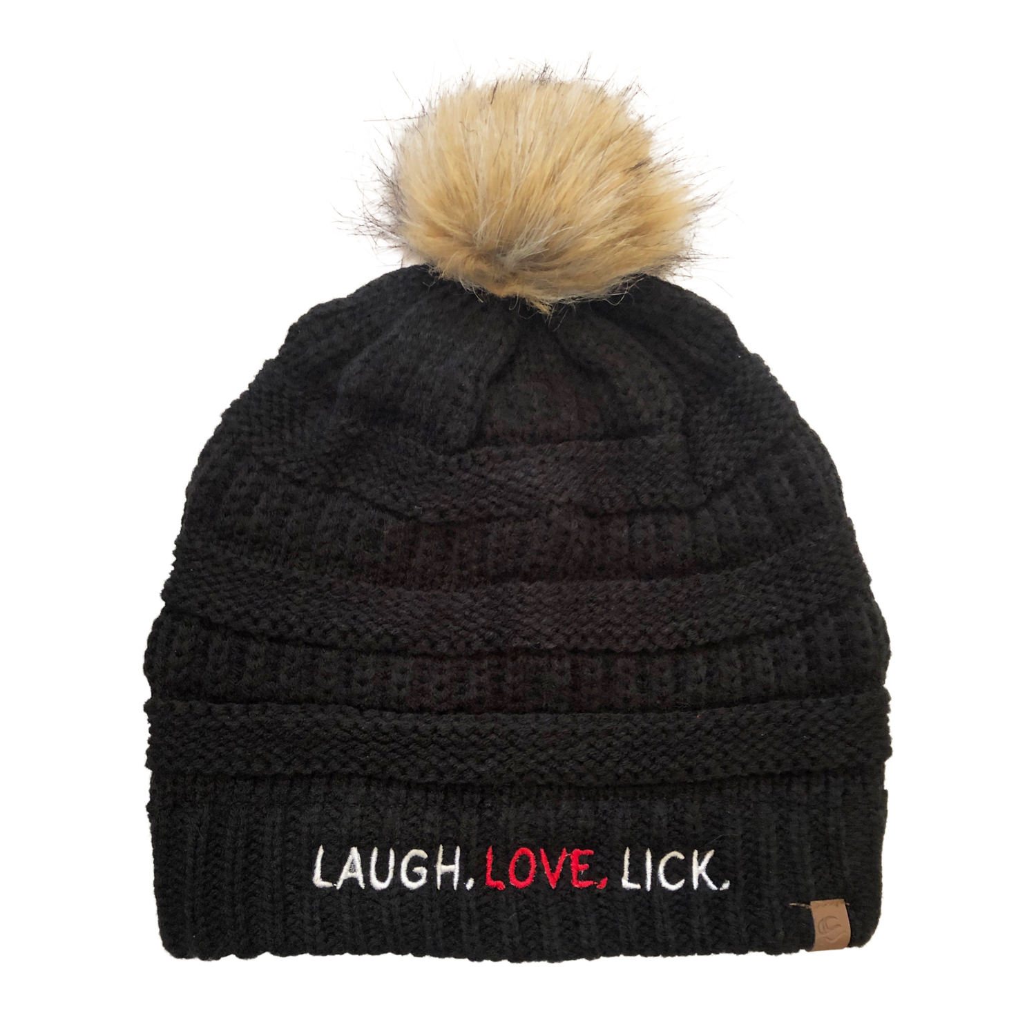 Beau Tyler - Laugh Love Lick winter knit hat faux pom black front temp