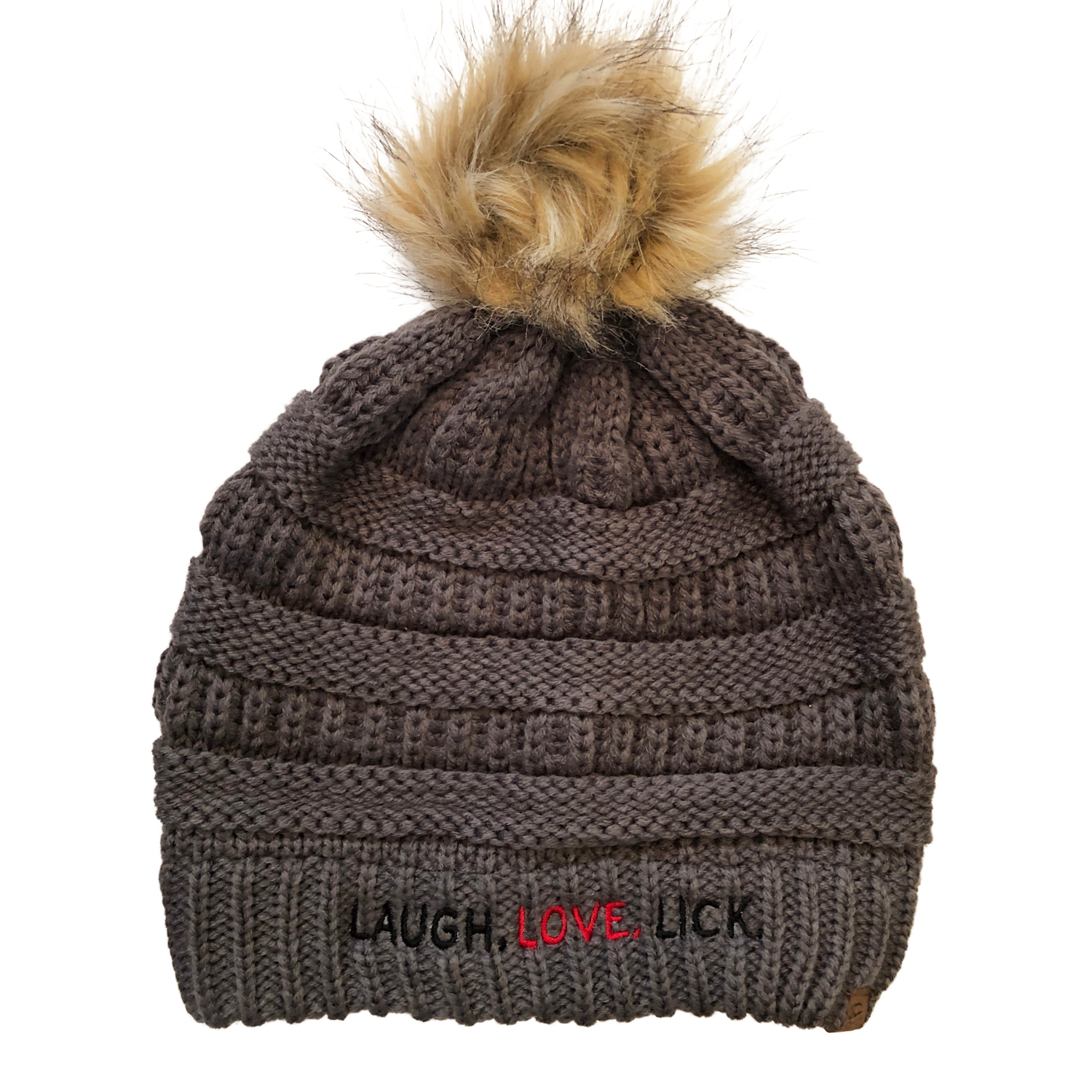 Beau Tyler - Laugh Love Lick winter knit hat faux pom gray 1 front temp