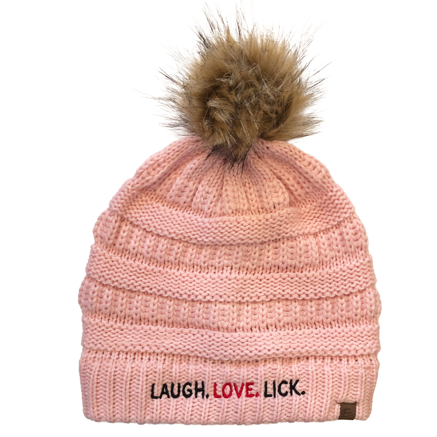 Beau Tyler - Laugh Love Lick winter knit hat faux pom pink 1 front temp