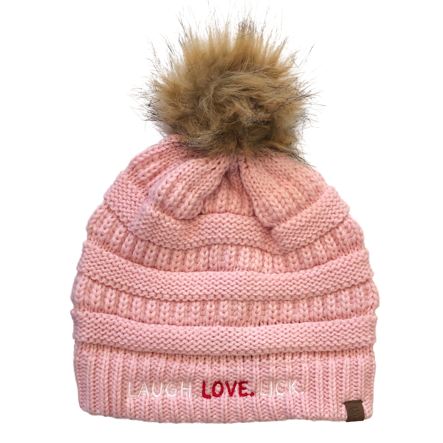 Beau Tyler - Laugh Love Lick winter knit hat faux pom pink 2 front temp