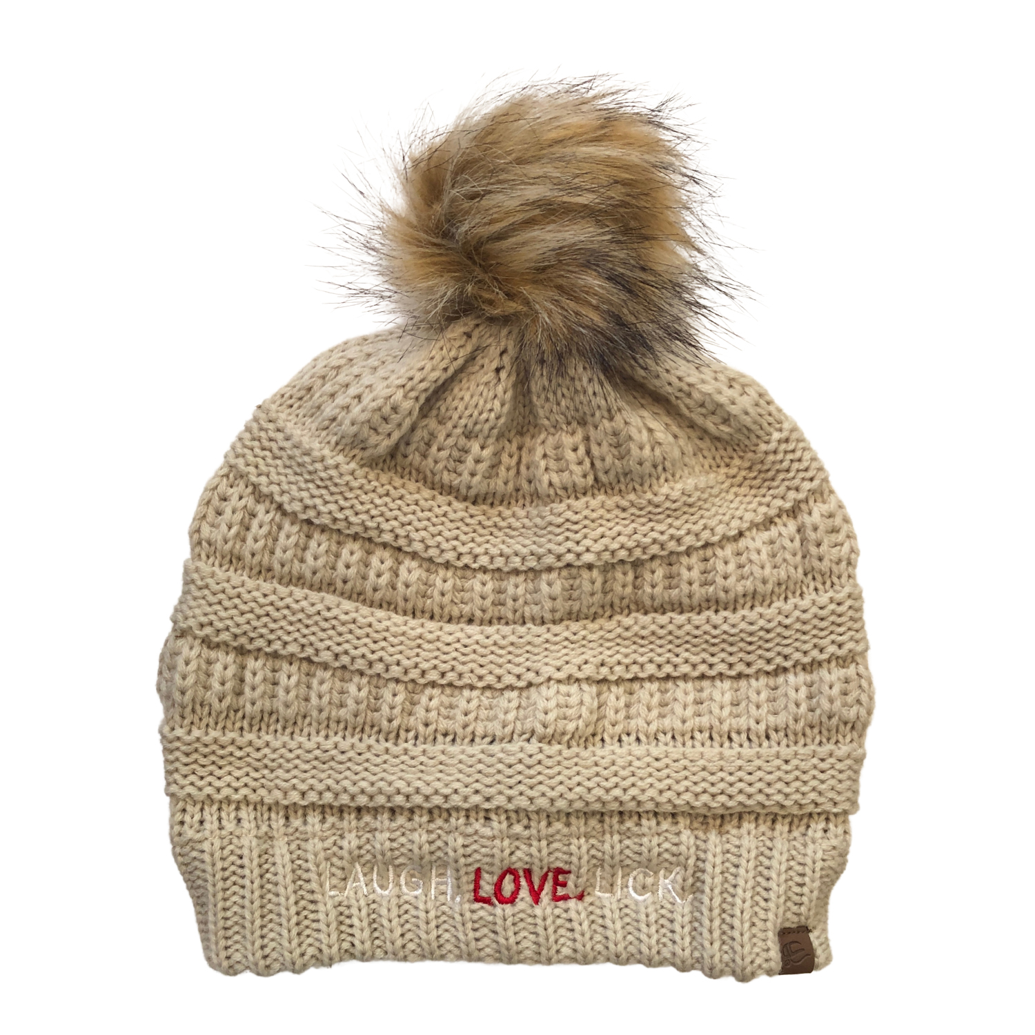 Beau Tyler - Laugh Love Lick winter knit hat faux pom tan 1 front temp